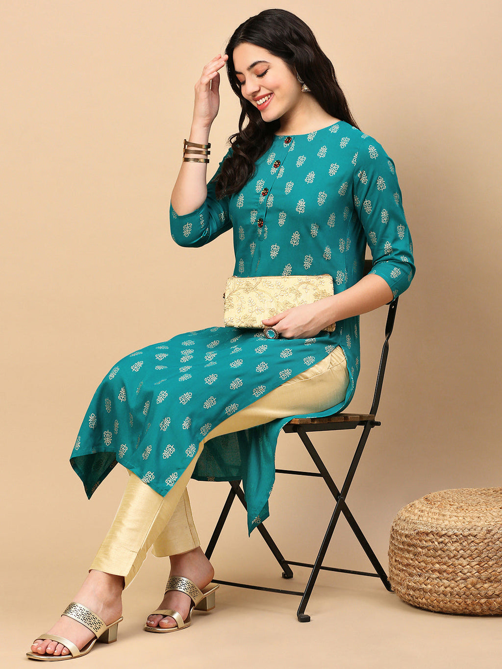 Women's Teal Graphic Straight Kurta