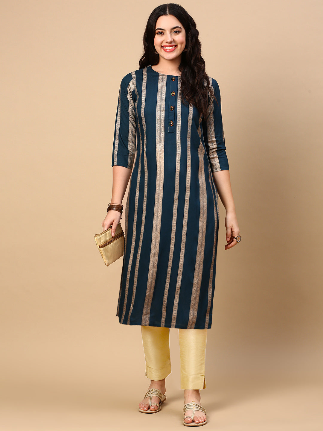 Women's Teal Striped Straight Kurta