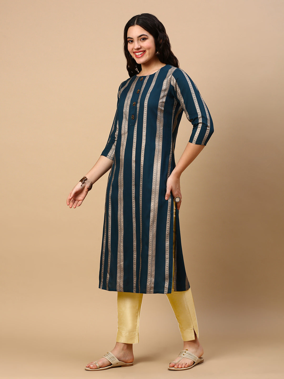 Women's Teal Striped Straight Kurta