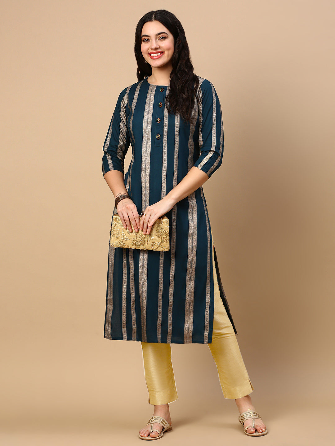 Women's Teal Striped Straight Kurta