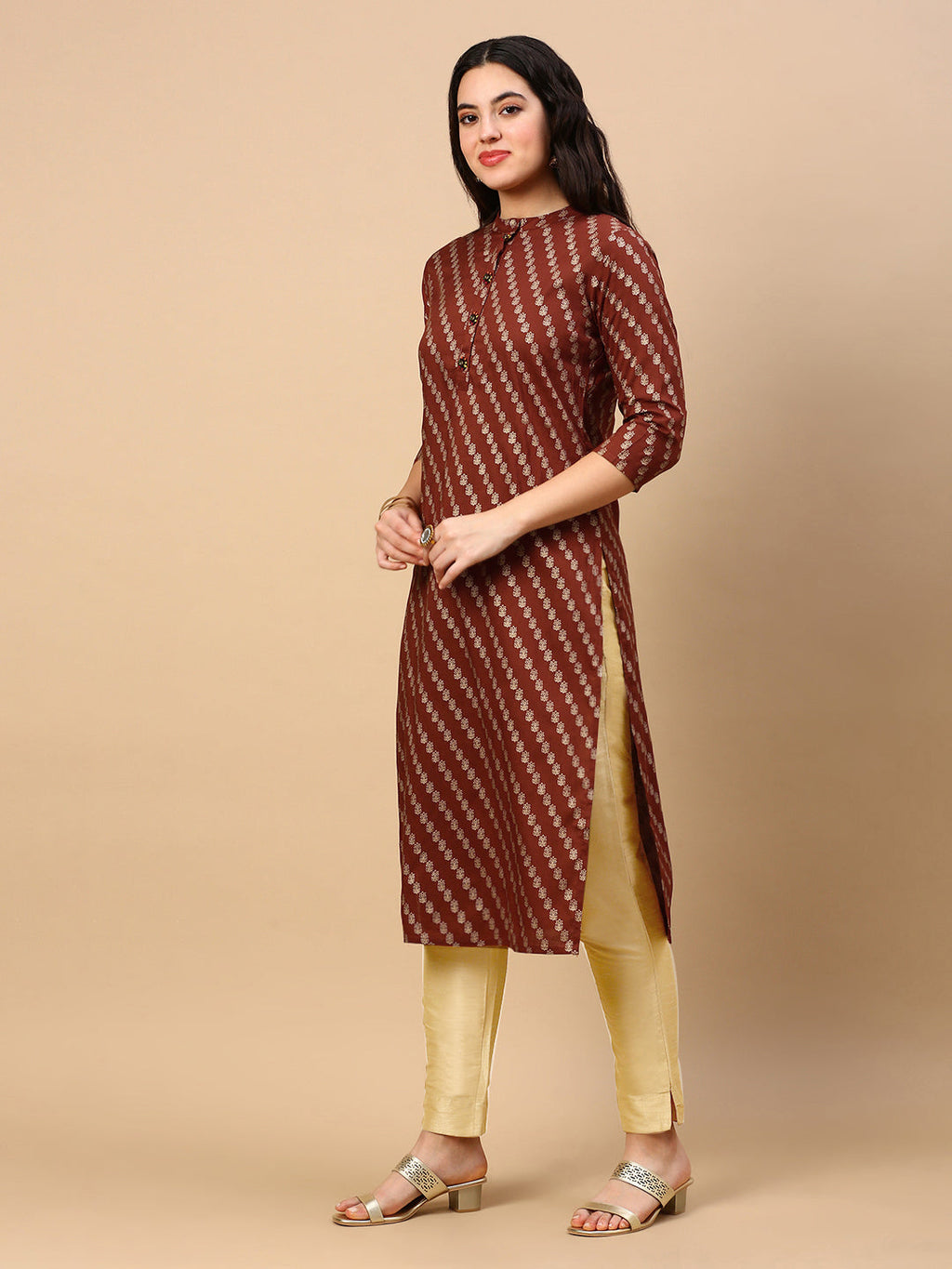 Women's Brown Striped Straight Kurta