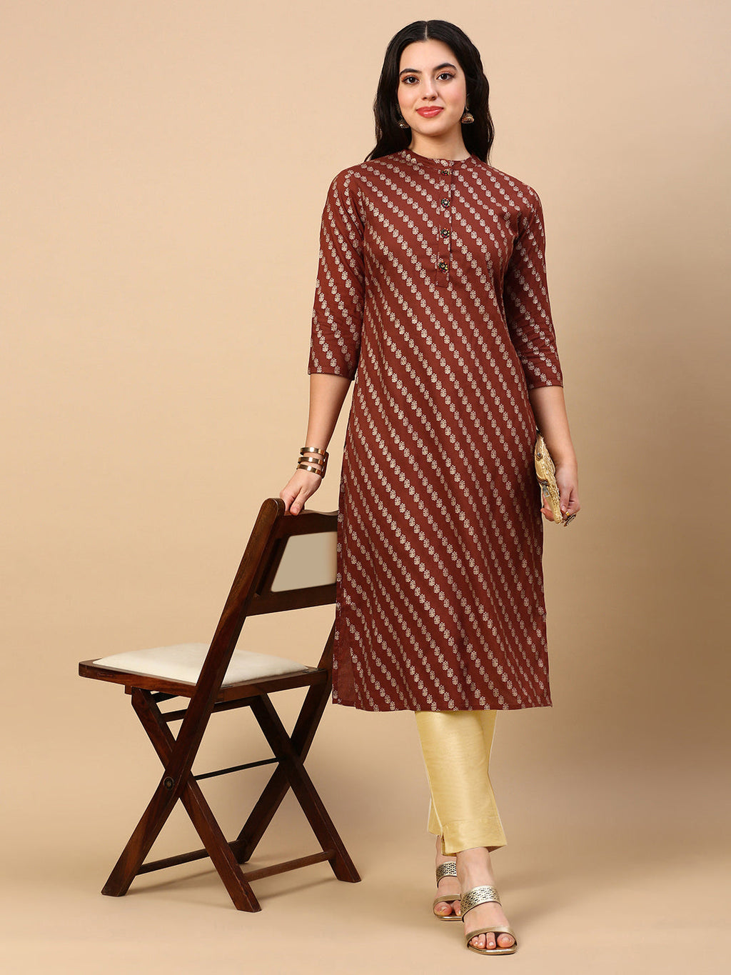 Women's Brown Striped Straight Kurta