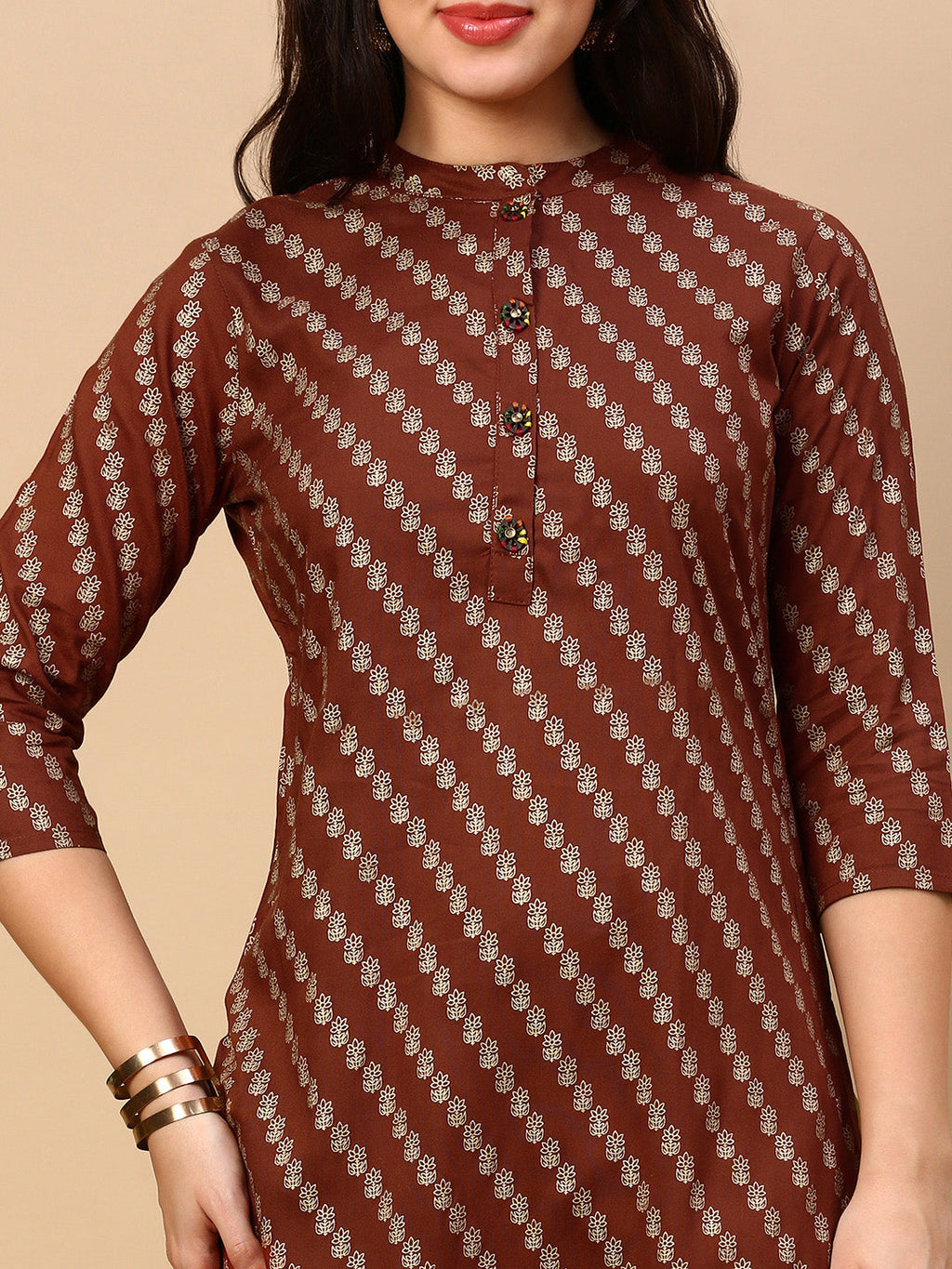 Women's Brown Striped Straight Kurta