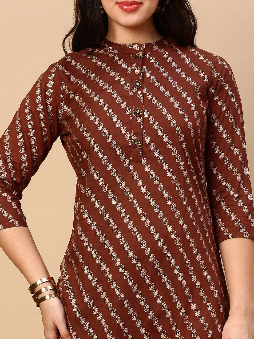 Women's Brown Striped Straight Kurta