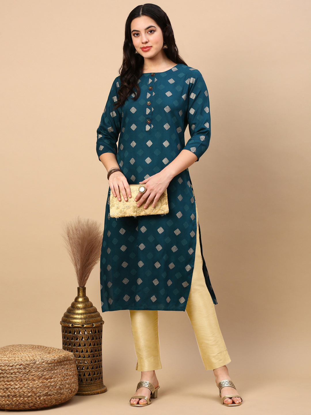 Women's Teal Graphic Straight Kurta