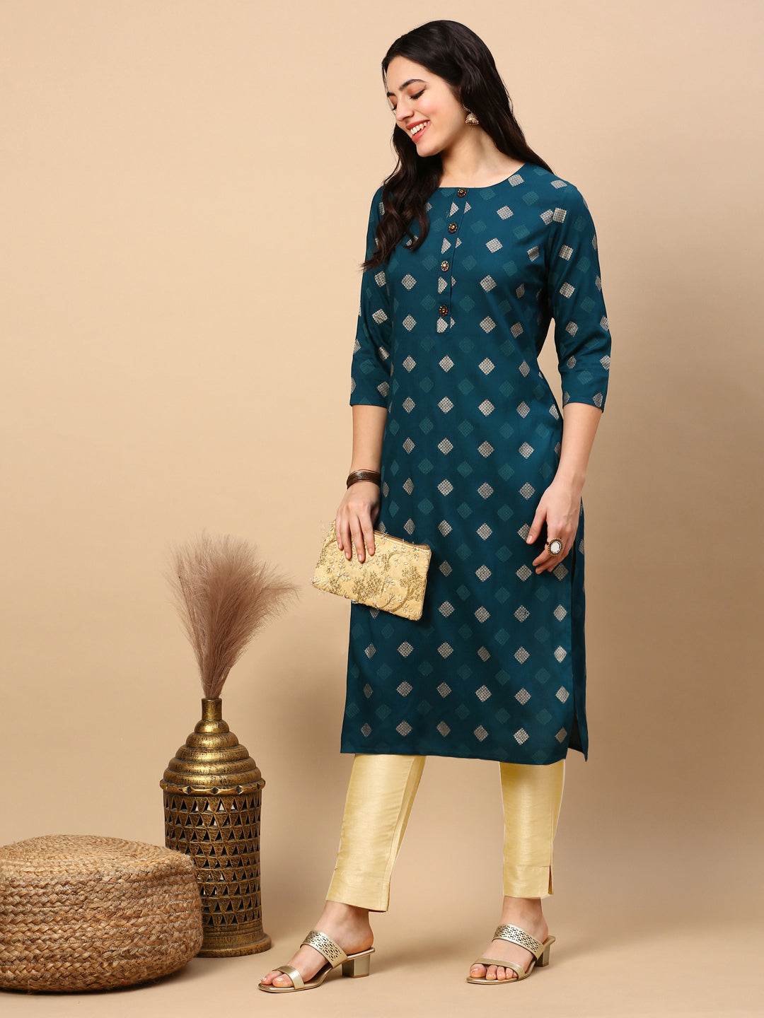 Women's Teal Graphic Straight Kurta