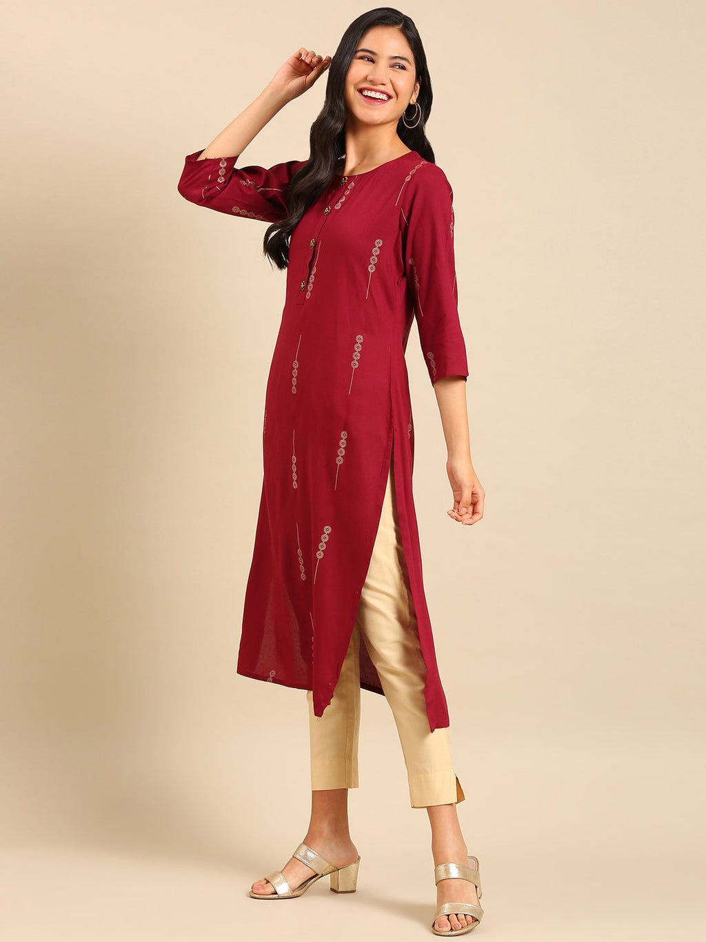 Women's Red Printed Straight Kurta