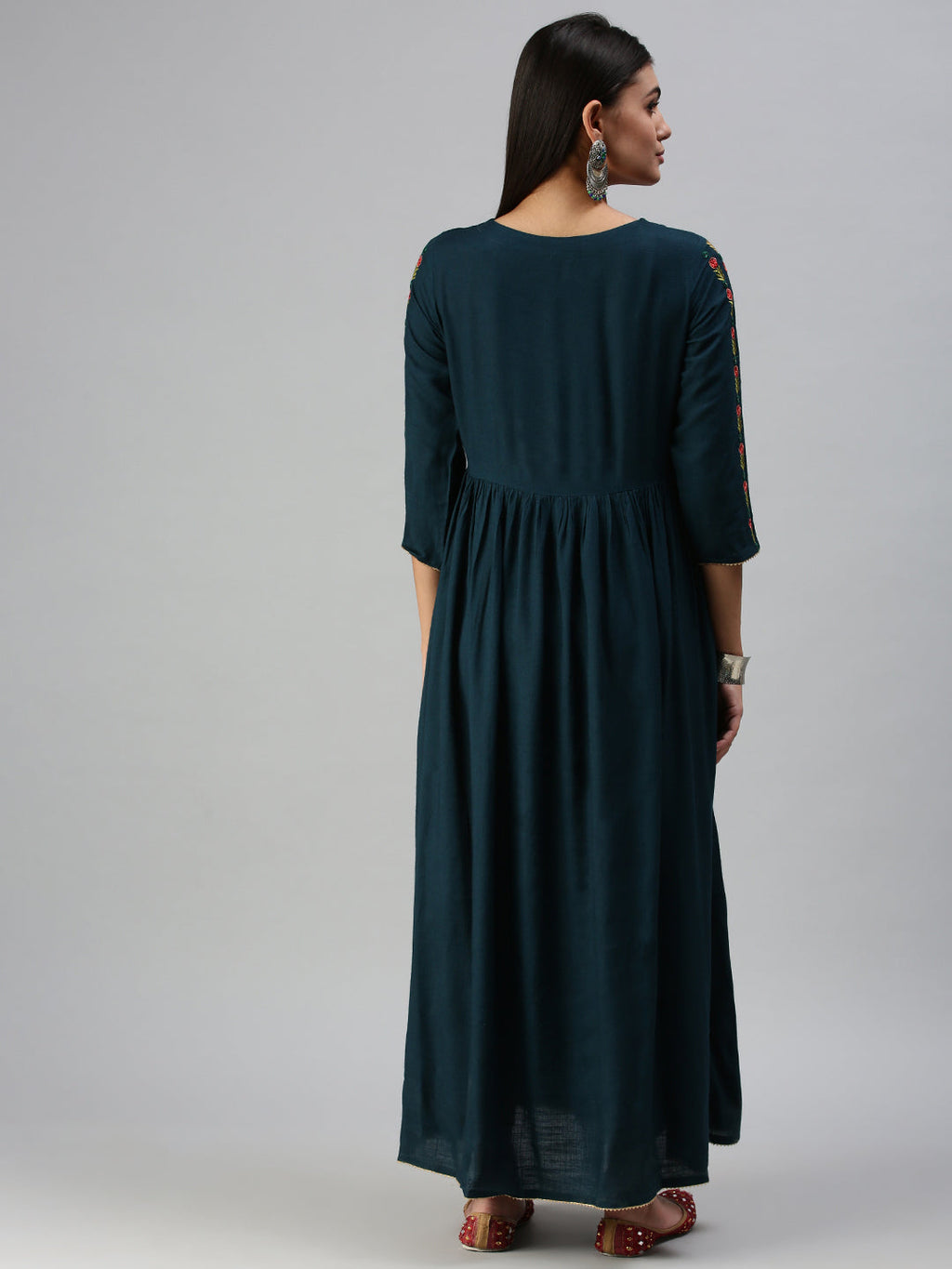 Women's Blue Floral Printed Embroidered Thread Work Anarkali Kurta