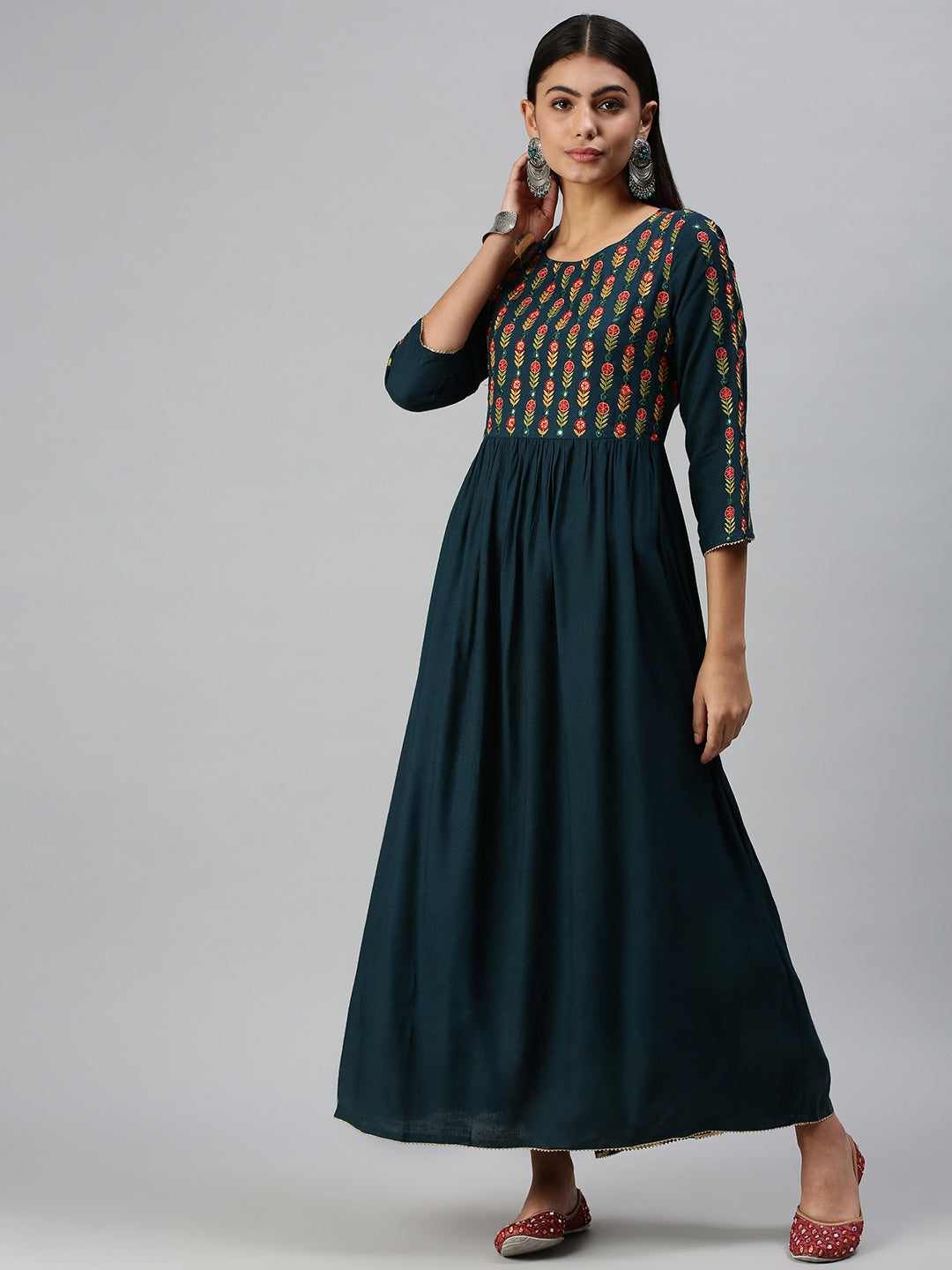 Women's Blue Floral Printed Embroidered Thread Work Anarkali Kurta