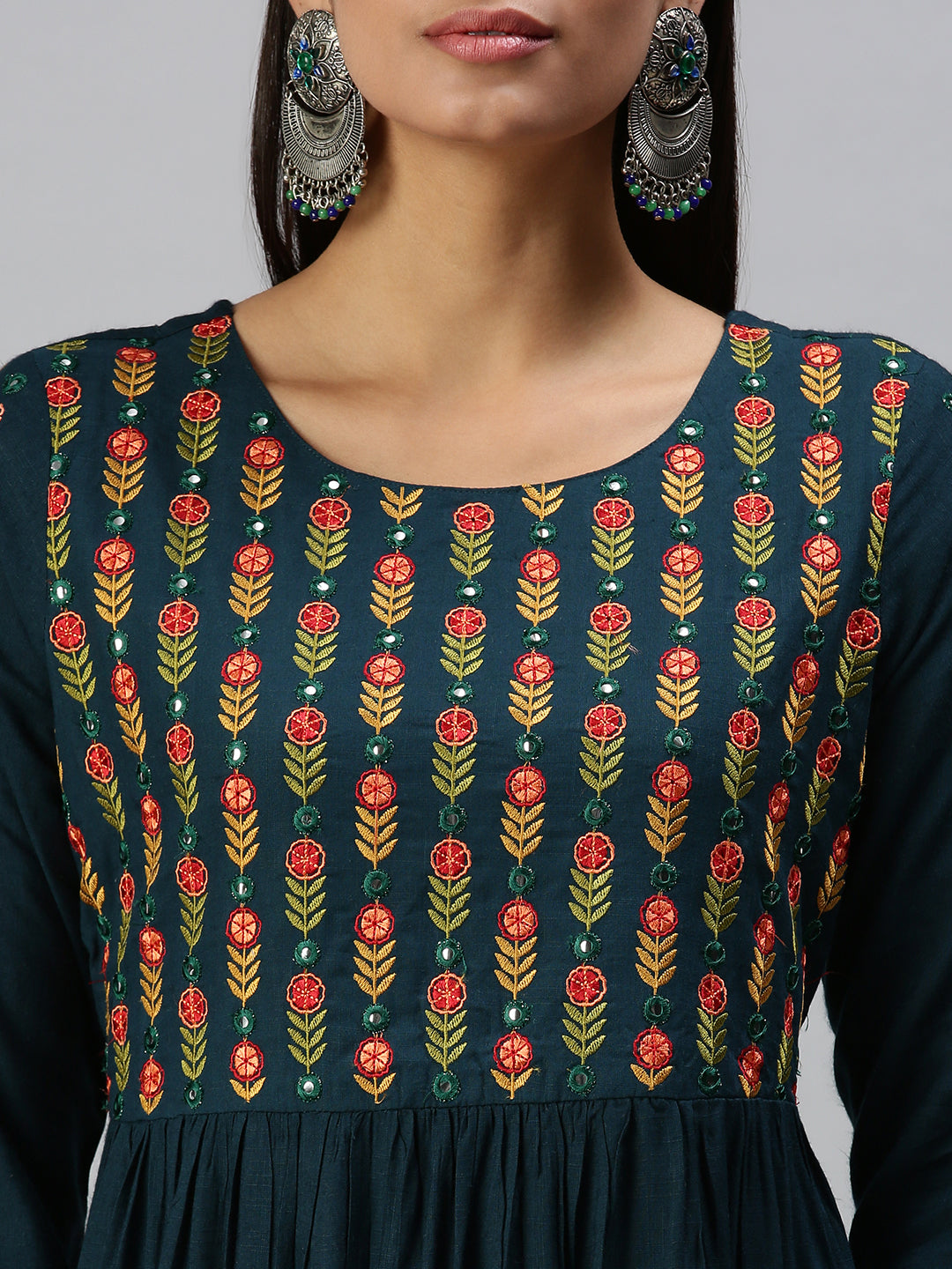 Women's Blue Floral Printed Embroidered Thread Work Anarkali Kurta