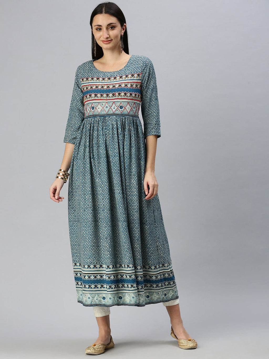 Women's Printed Blue Anarkali Kurta