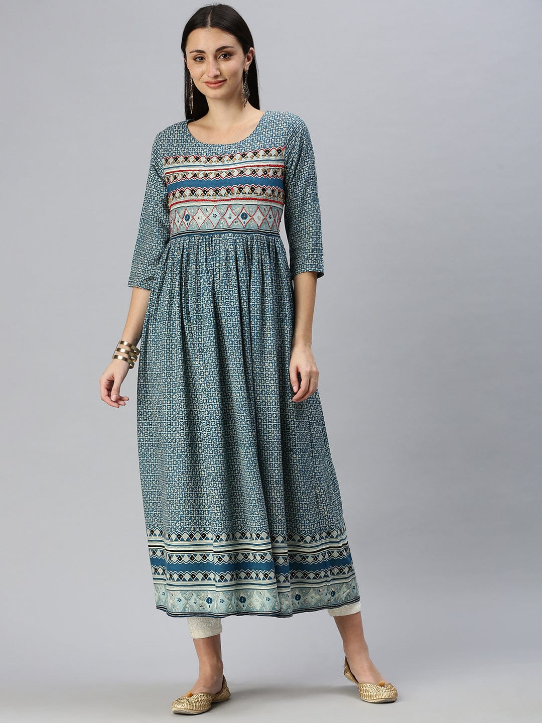 Women's Printed Blue Anarkali Kurta