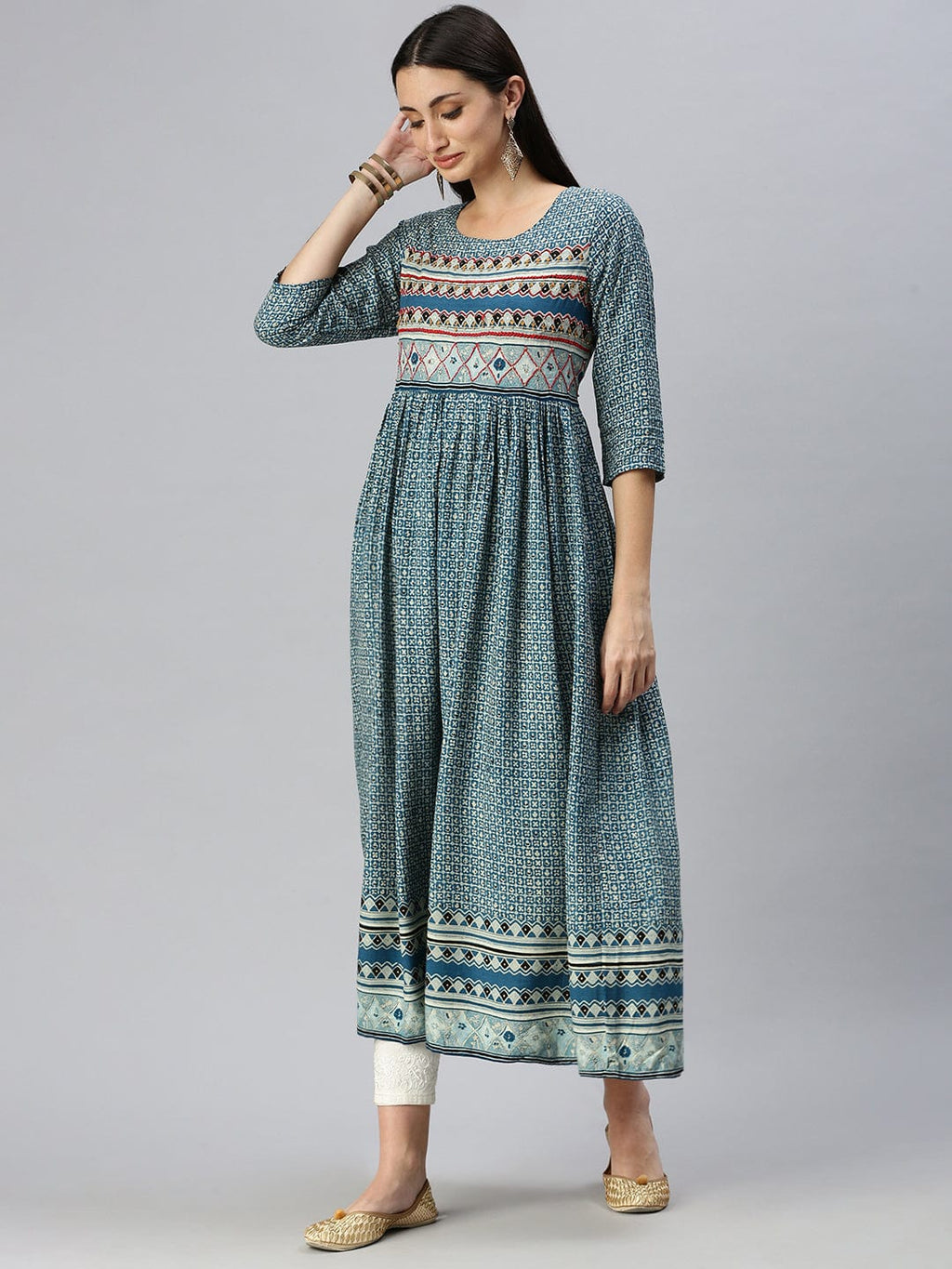 Women's Printed Blue Anarkali Kurta