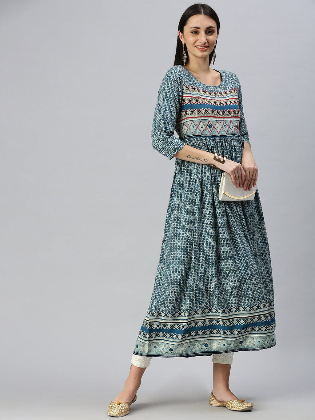 Women's Printed Blue Anarkali Kurta