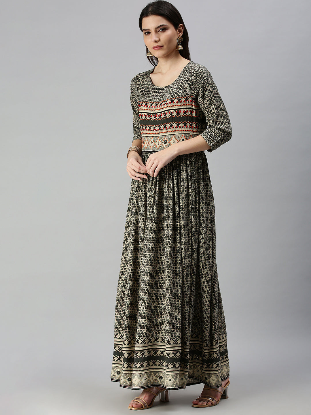 Women's Olive Ethnic Motifs Printed Anarkali Kurta