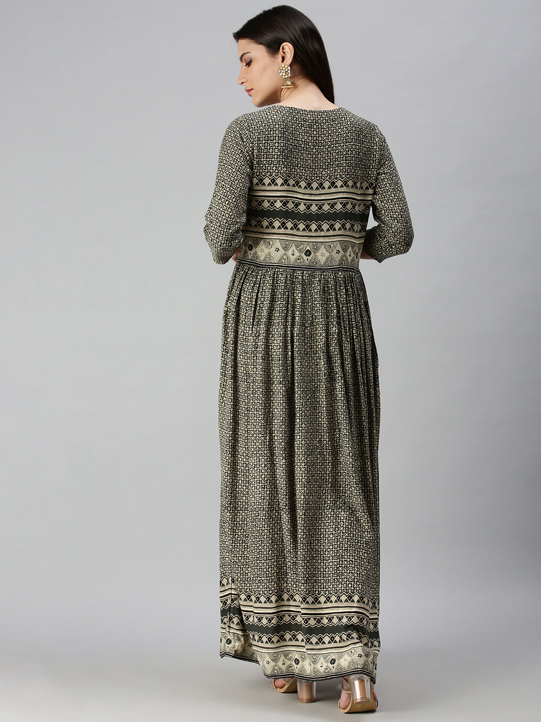 Women's Olive Ethnic Motifs Printed Anarkali Kurta