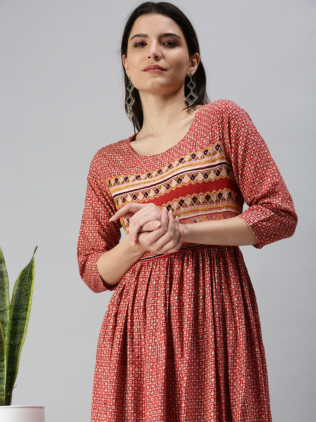 Women's Red Ethnic Motifs Printed Anarkali Kurta