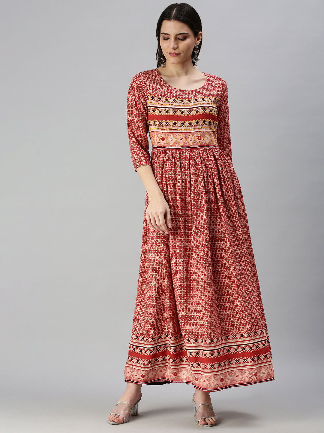 Women's Red Ethnic Motifs Printed Anarkali Kurta