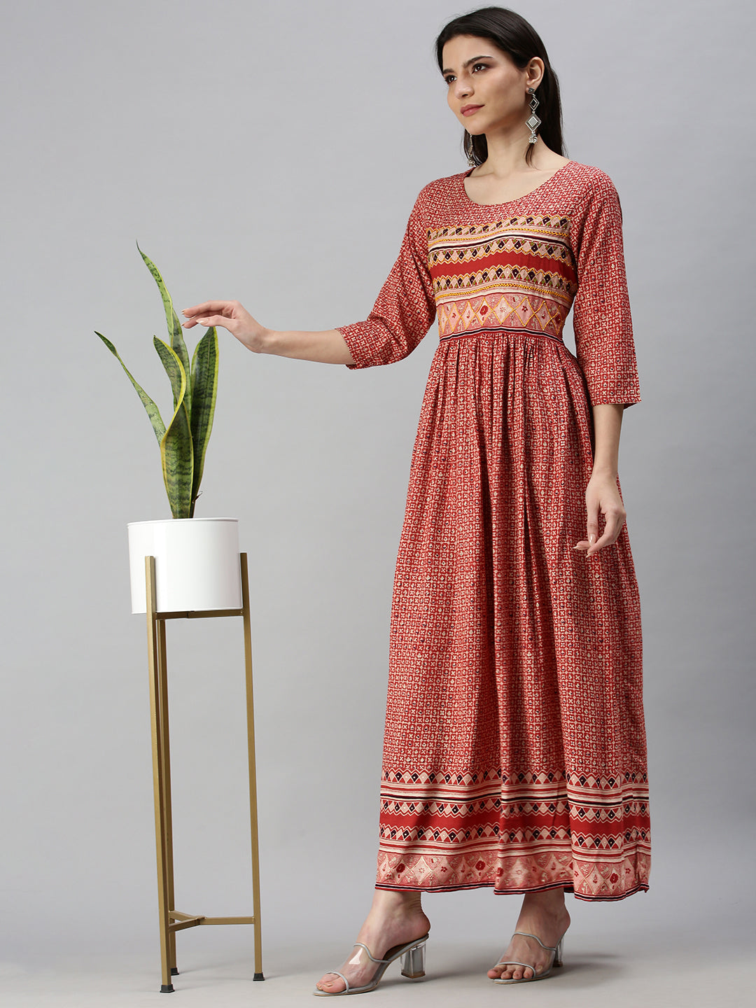 Women's Red Ethnic Motifs Printed Anarkali Kurta