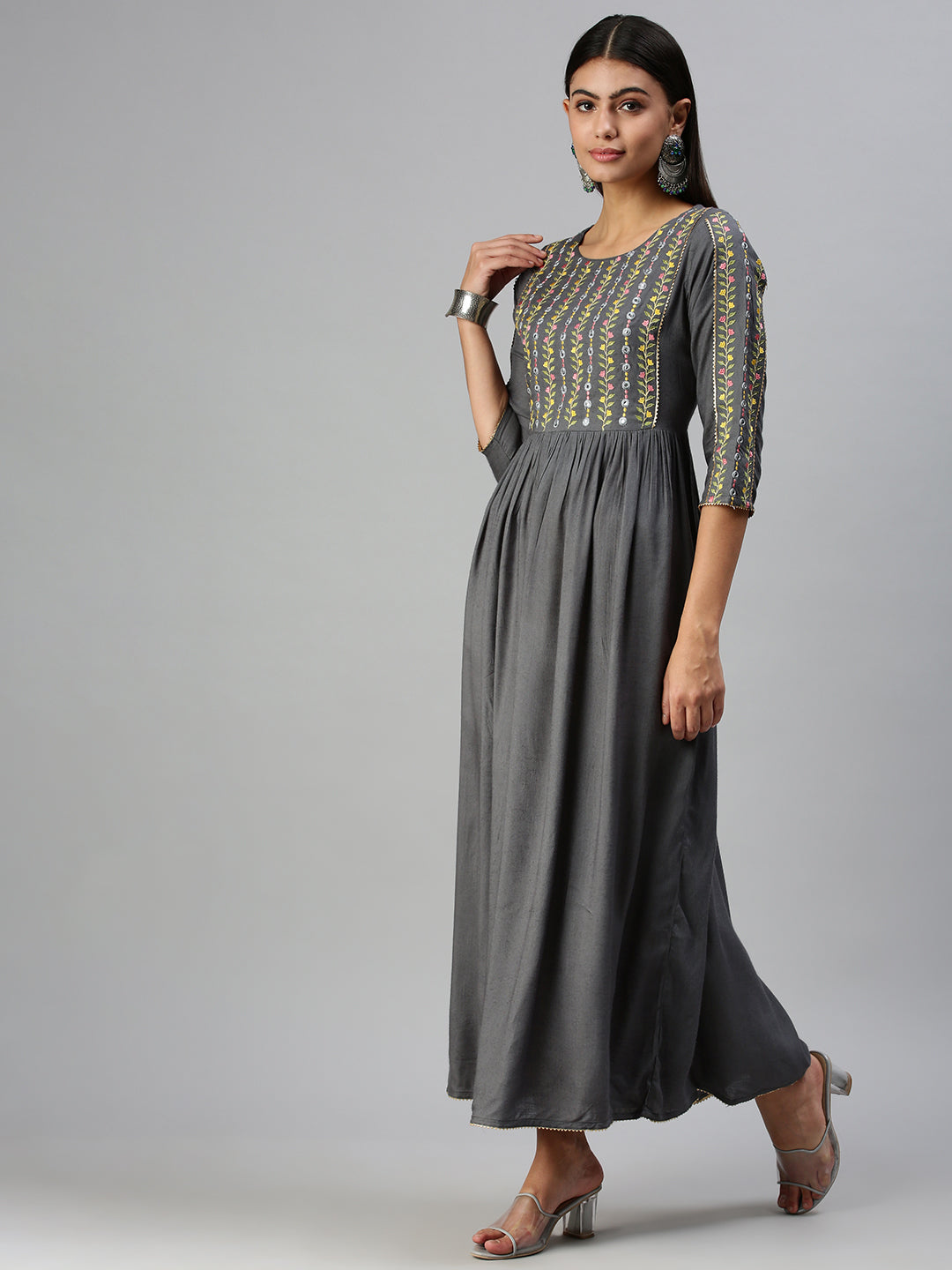 Women's Grey Ethnic Motifs Yoke Design Thread Work Anarkali Kurta
