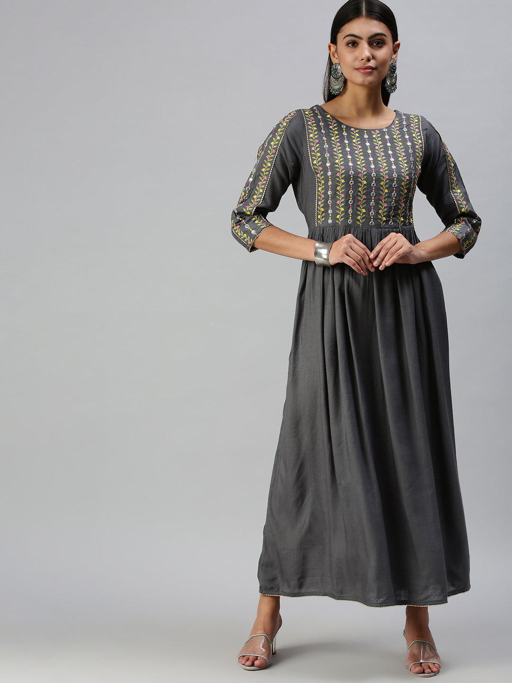 Women's Grey Ethnic Motifs Yoke Design Thread Work Anarkali Kurta