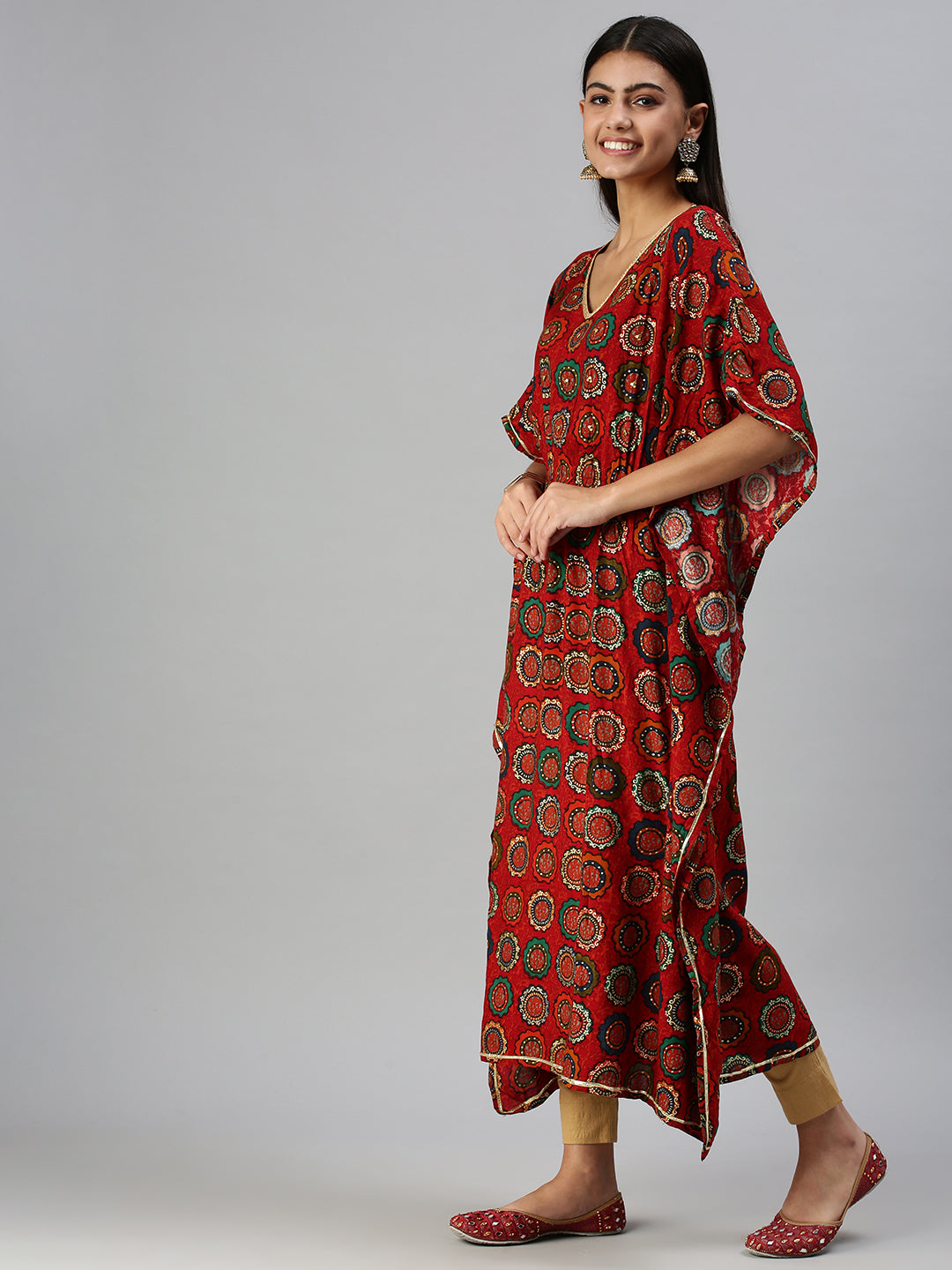 Women's Red Printed Gotta Patti Cotton Kaftan Kurta