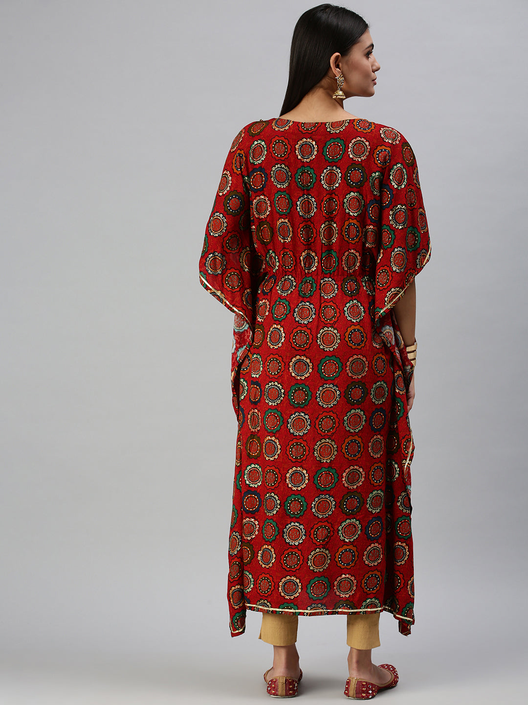 Women's Red Printed Gotta Patti Cotton Kaftan Kurta