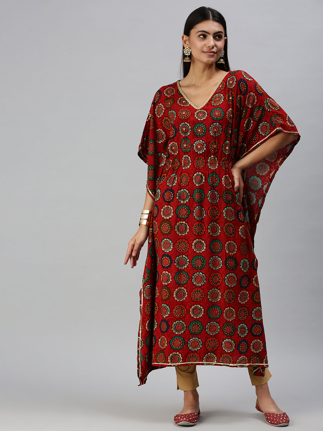 Women's Red Printed Gotta Patti Cotton Kaftan Kurta