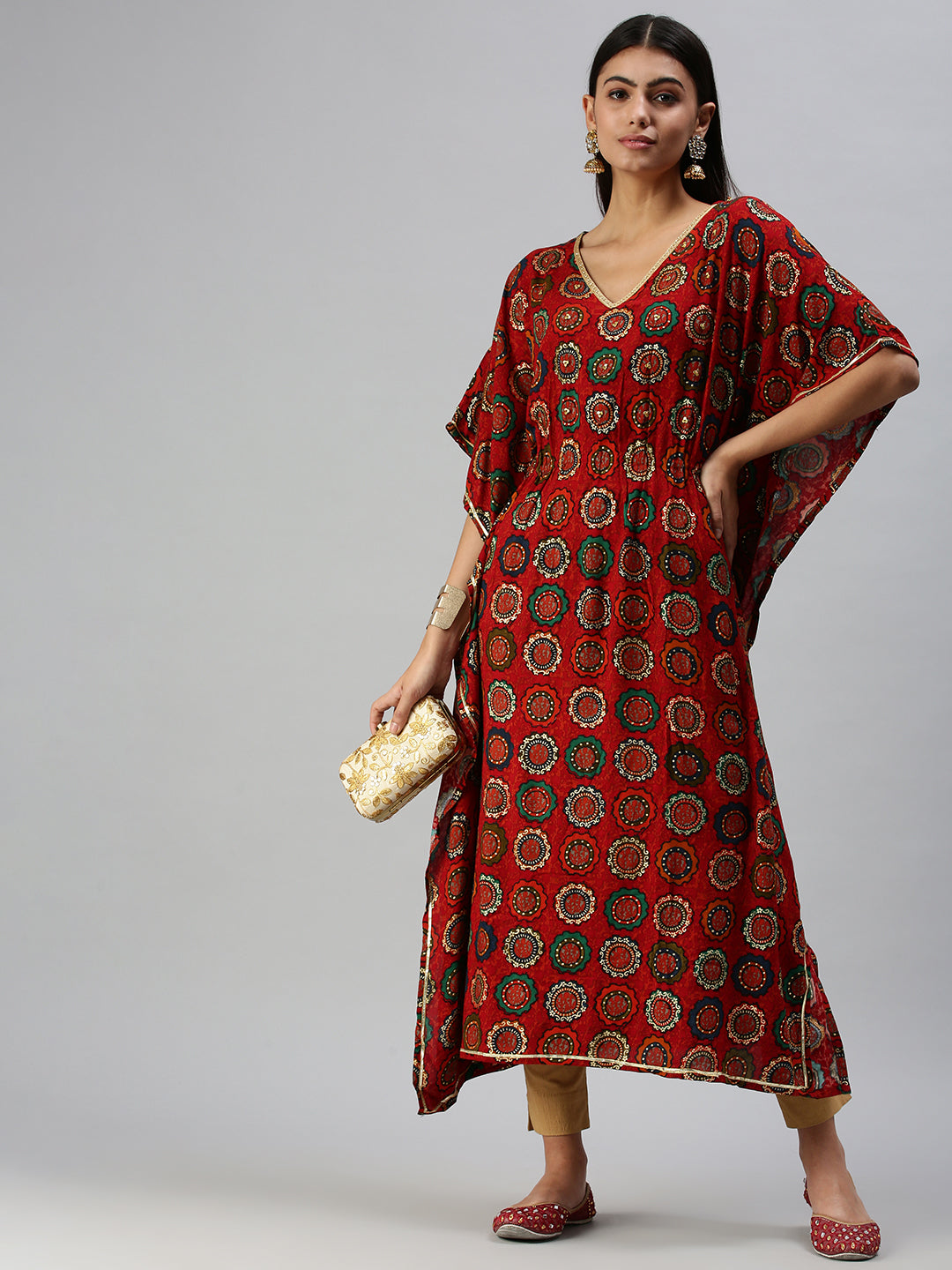 Women's Red Printed Gotta Patti Cotton Kaftan Kurta