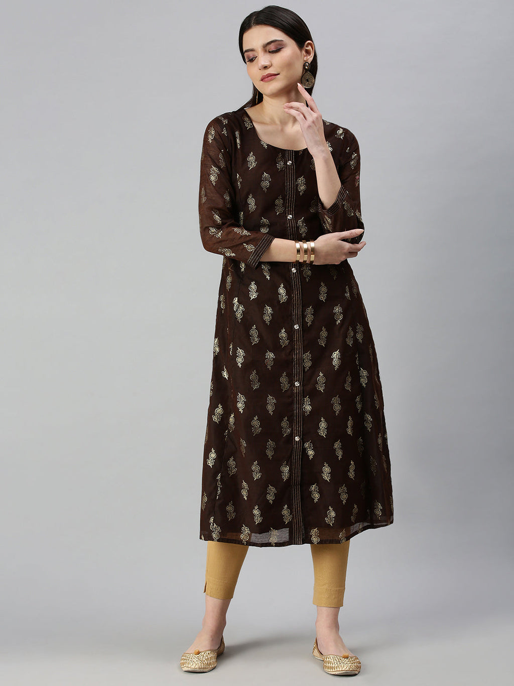 Women's Brown Golden Floral Printed Straight Kurta