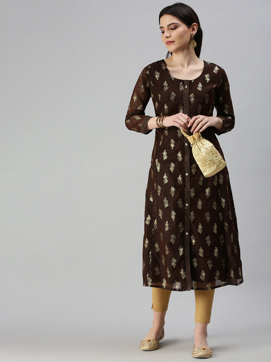 Women's Brown Golden Floral Printed Straight Kurta