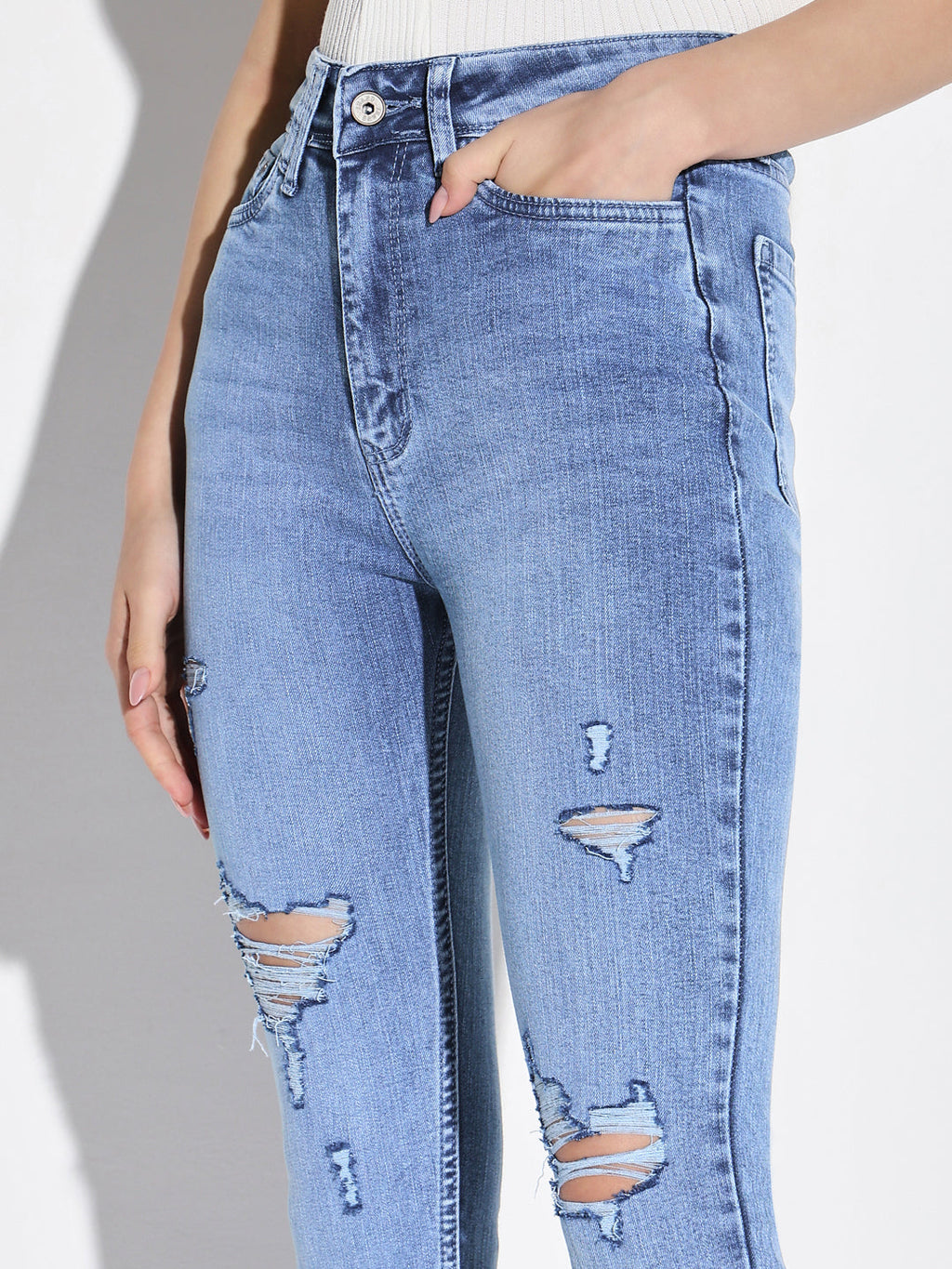 Women's Blue Comfort Skinny Fit Highly Distressed Light Fade Acid Wash Stretchable Jeans