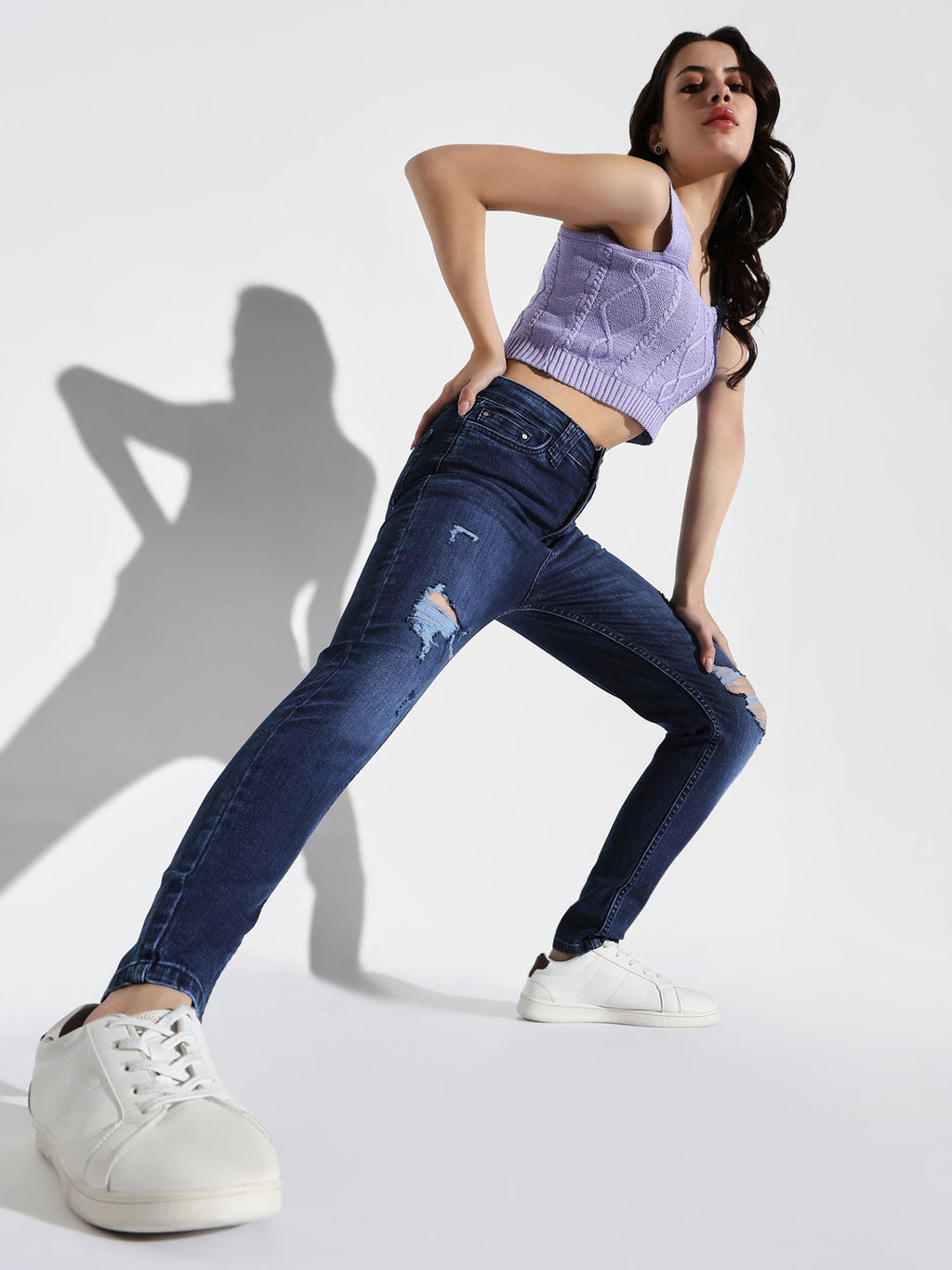 Women's Navy Blue Cotton Comfort Skinny Fit Light Fade Acid Wash Stretchable Jeans