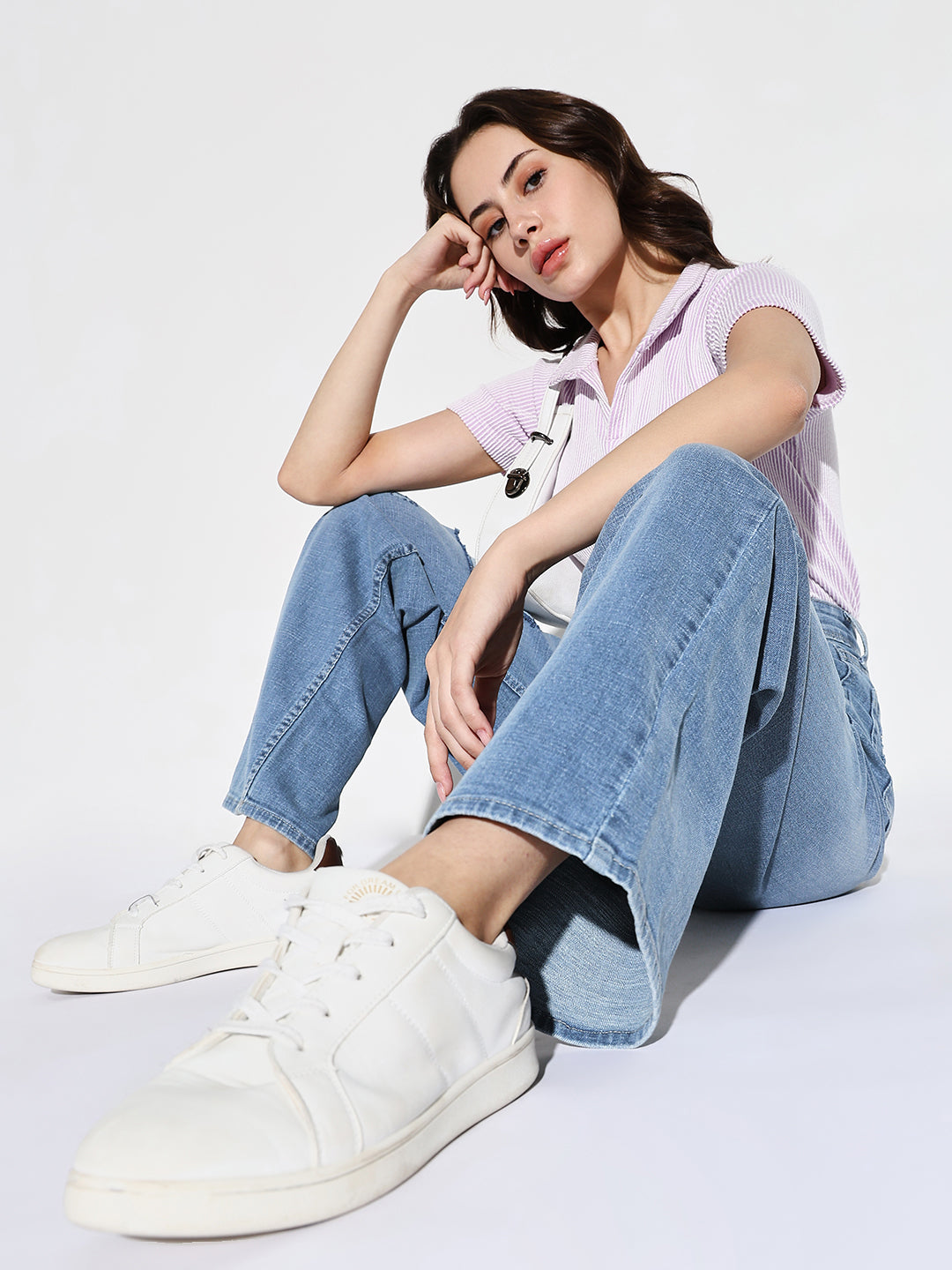 Women's Blue Comfort Wide Leg Slash Knee Heavy Fade Acid Wash Jeans