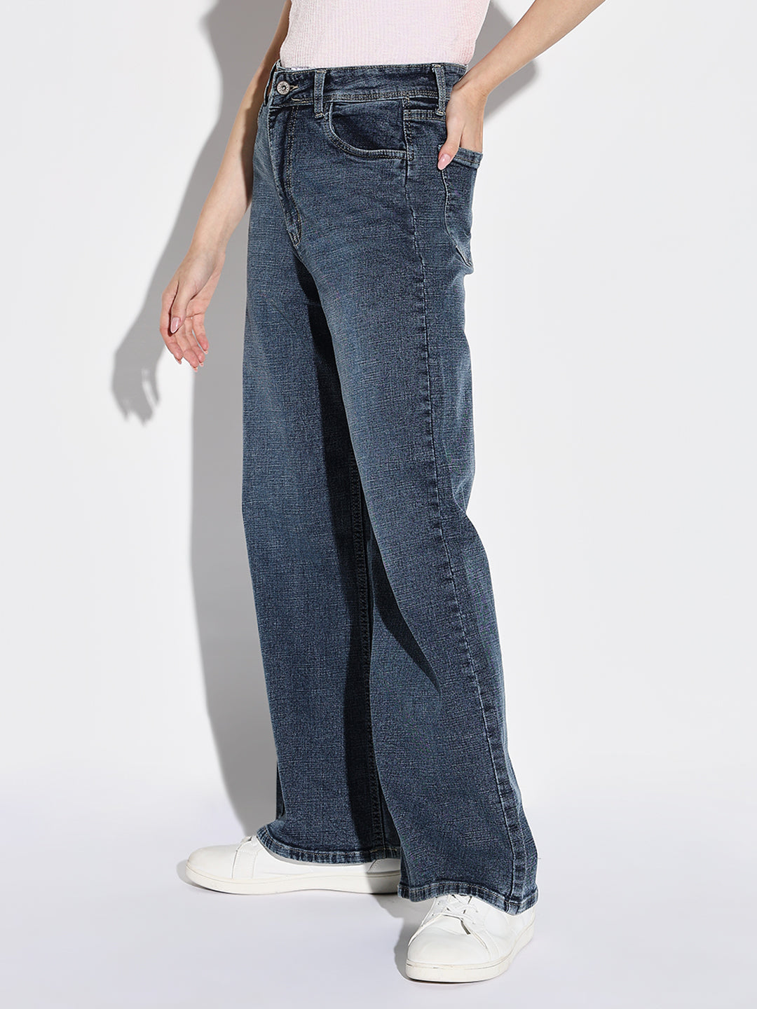 Women's Navy Blue Comfort Wide Leg Acid Wash Denim Jeans