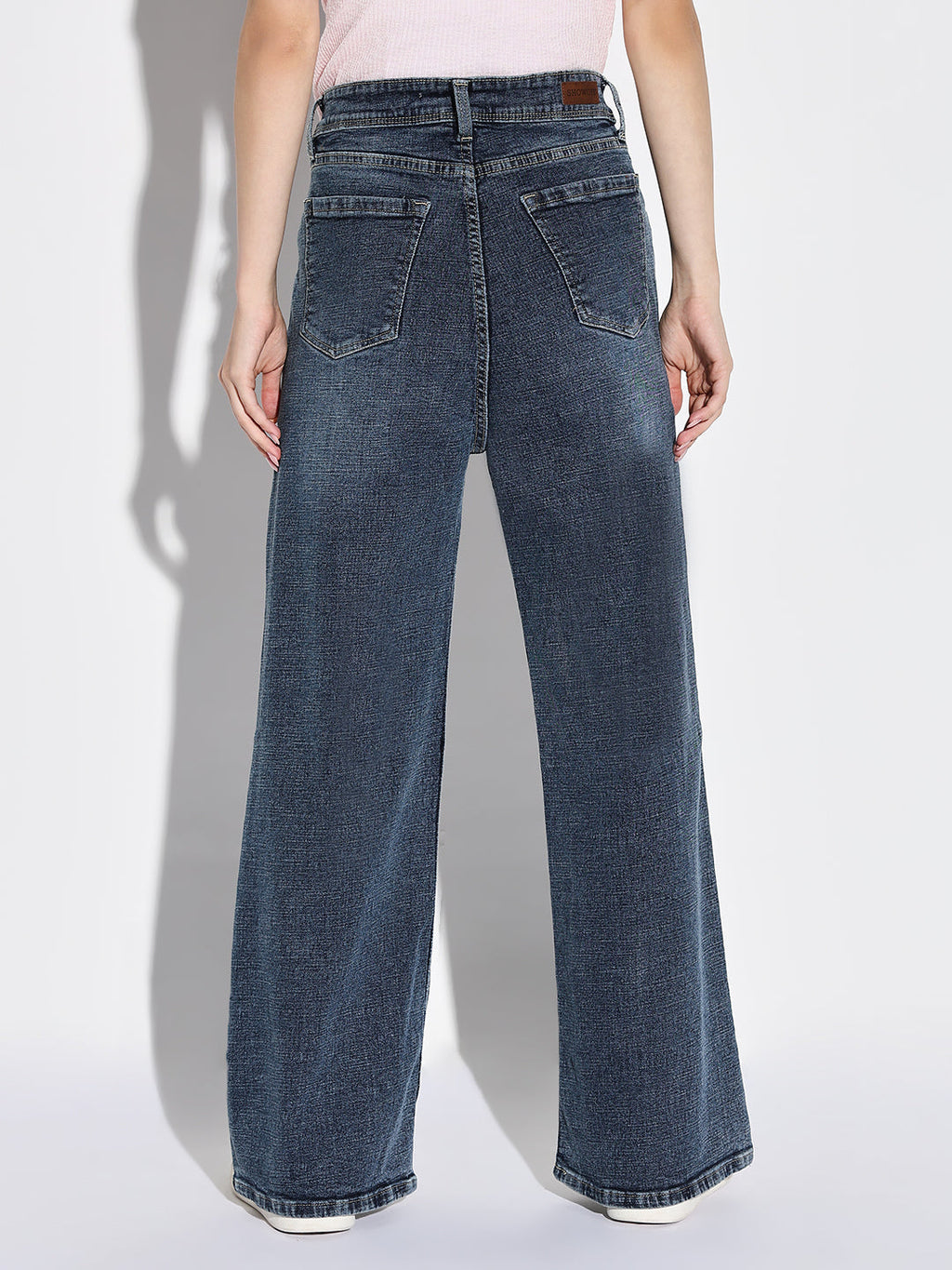 Women's Navy Blue Comfort Wide Leg Acid Wash Denim Jeans