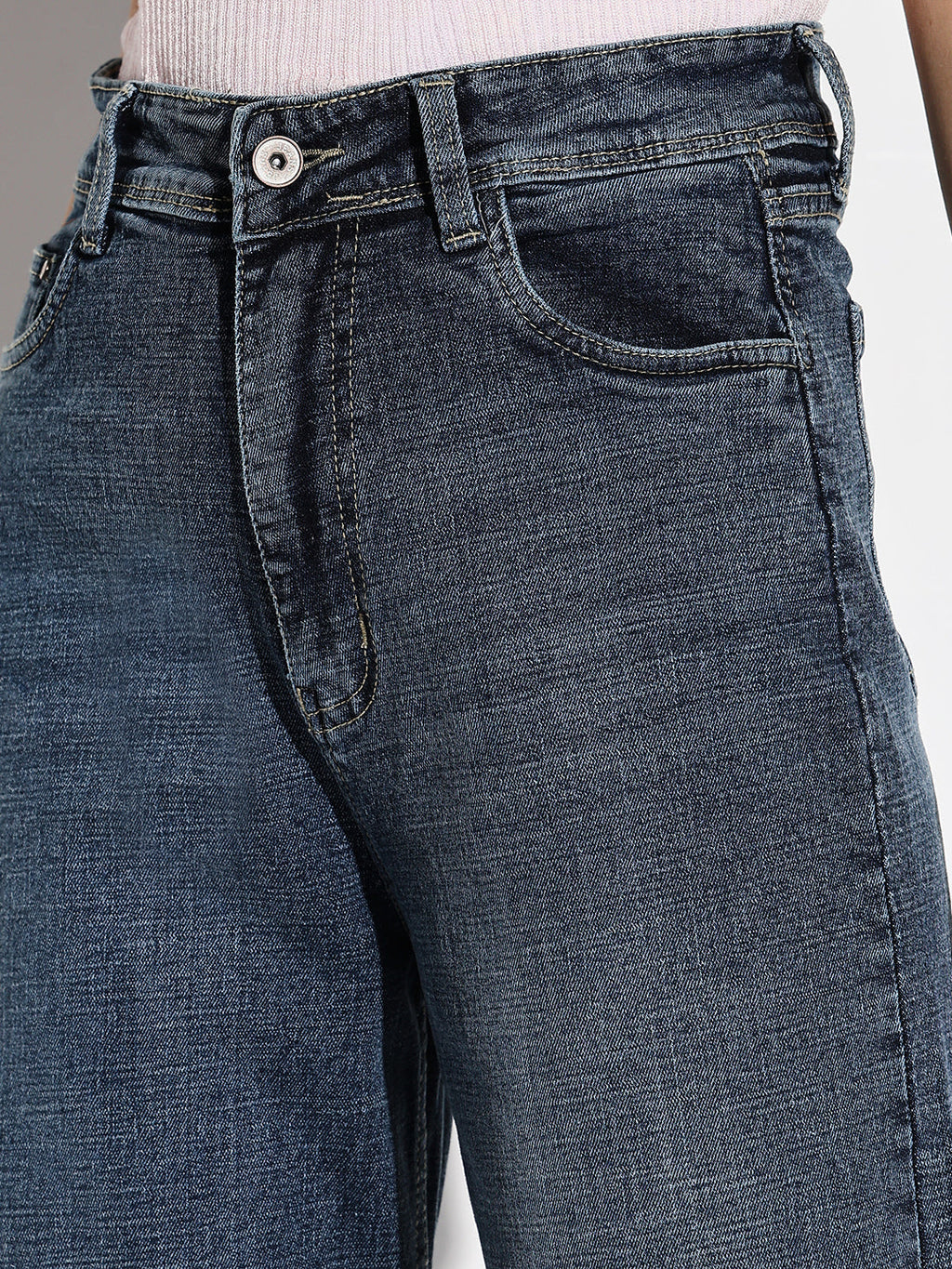 Women's Navy Blue Comfort Wide Leg Acid Wash Denim Jeans