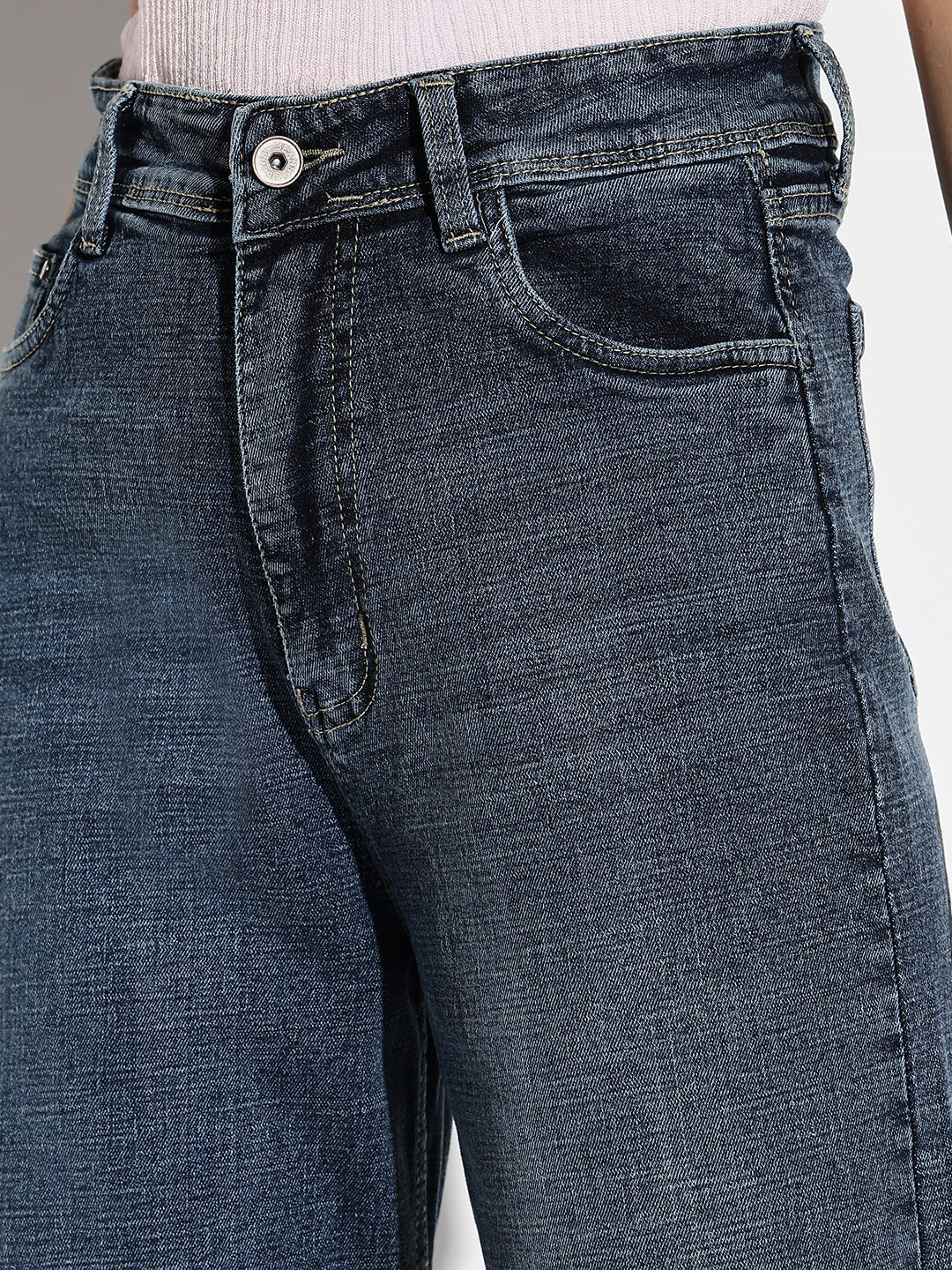 Women's Navy Blue Comfort Wide Leg Acid Wash Denim Jeans