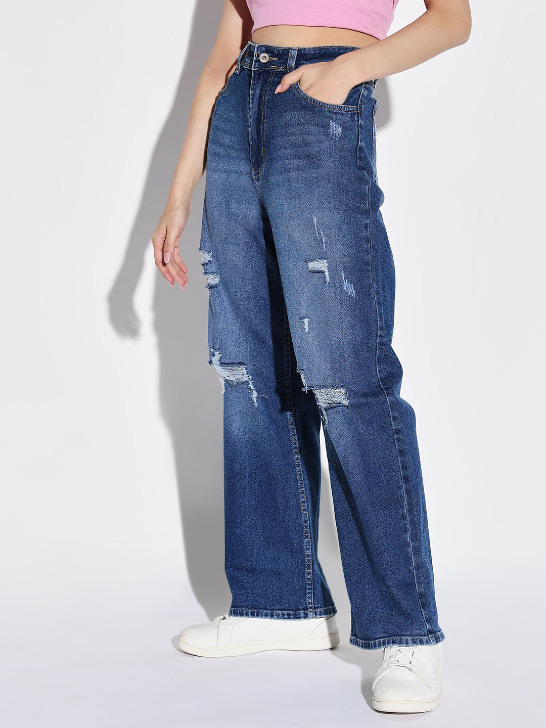 Women's Blue Comfort Wide Leg Mildly Distressed Heavy Fade Acid Wash Stretchable Jeans