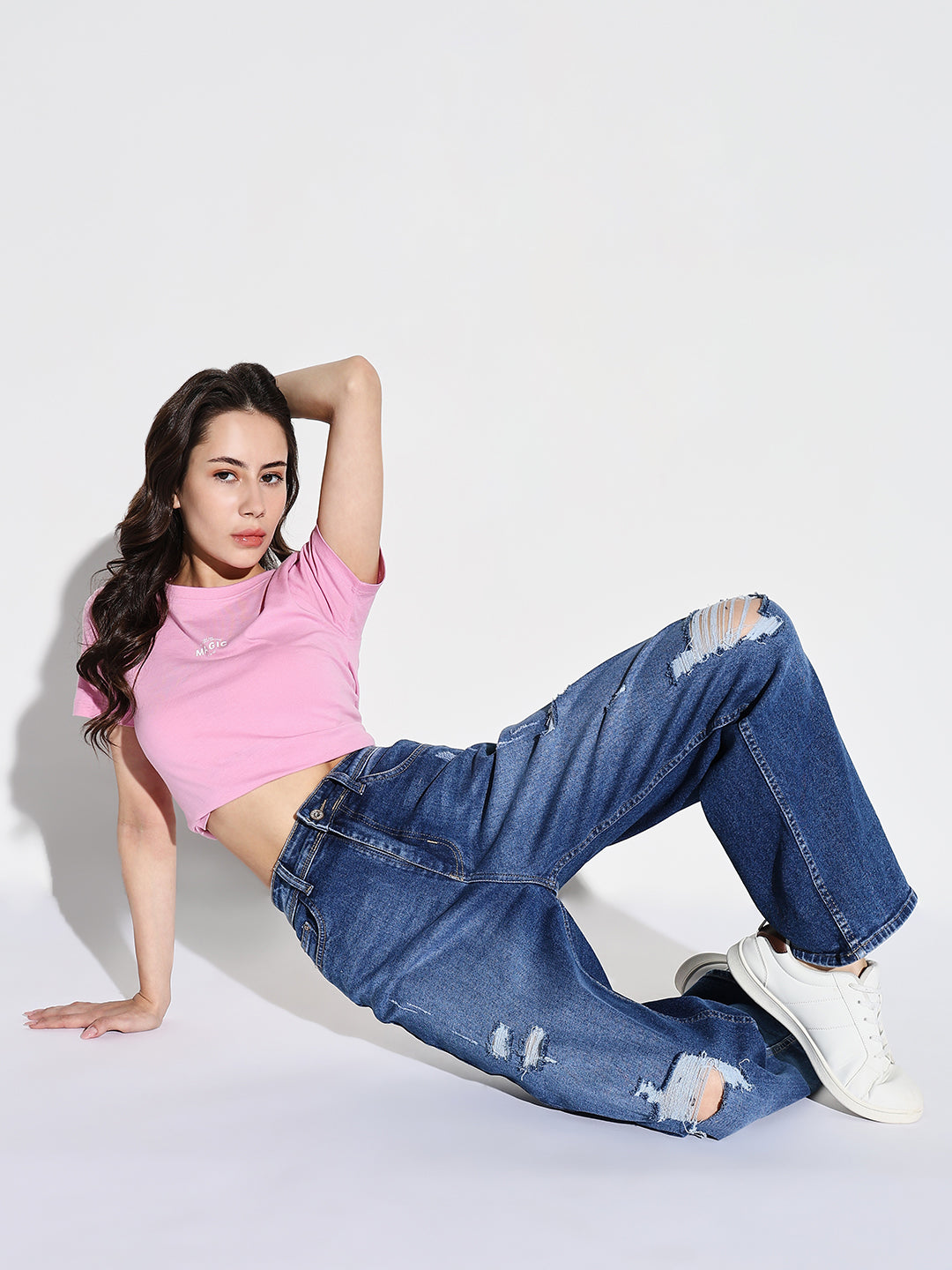 Women's Blue Comfort Wide Leg Mildly Distressed Heavy Fade Acid Wash Stretchable Jeans