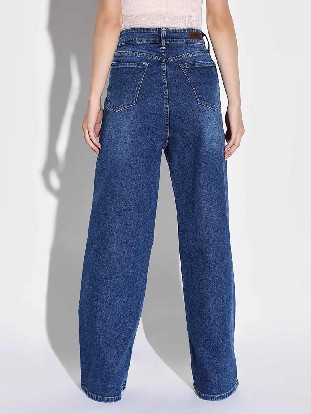 Women's Navy Blue Cotton Comfort Wide Leg Light Fade Acid Wash Mid-Rise Stretchable Jeans