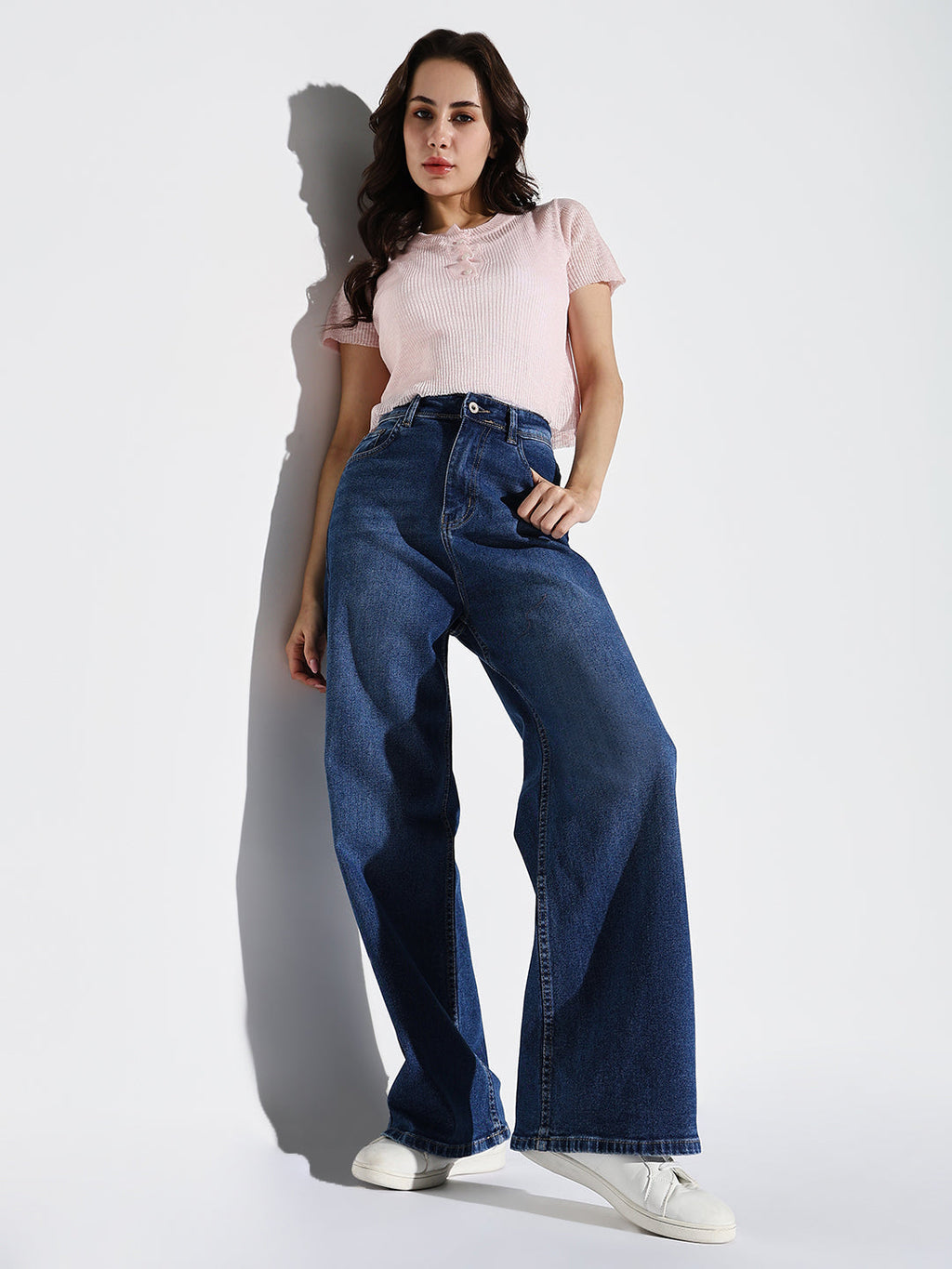 Women's Navy Blue Cotton Comfort Wide Leg Light Fade Acid Wash Mid-Rise Stretchable Jeans