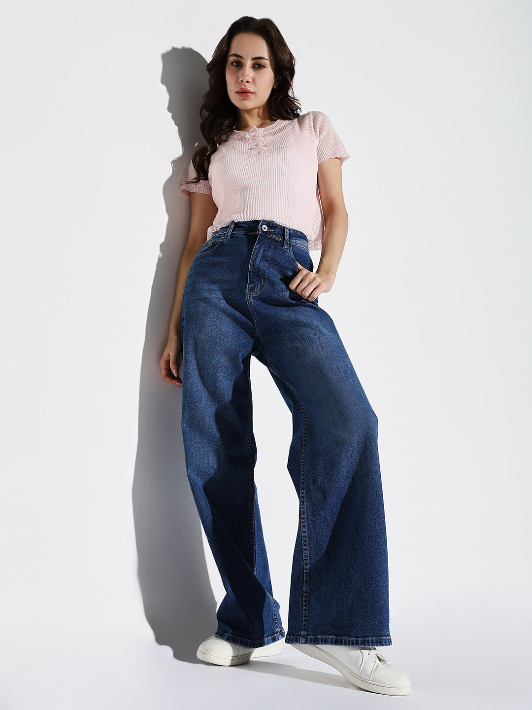 Women's Navy Blue Cotton Comfort Wide Leg Light Fade Acid Wash Mid-Rise Stretchable Jeans