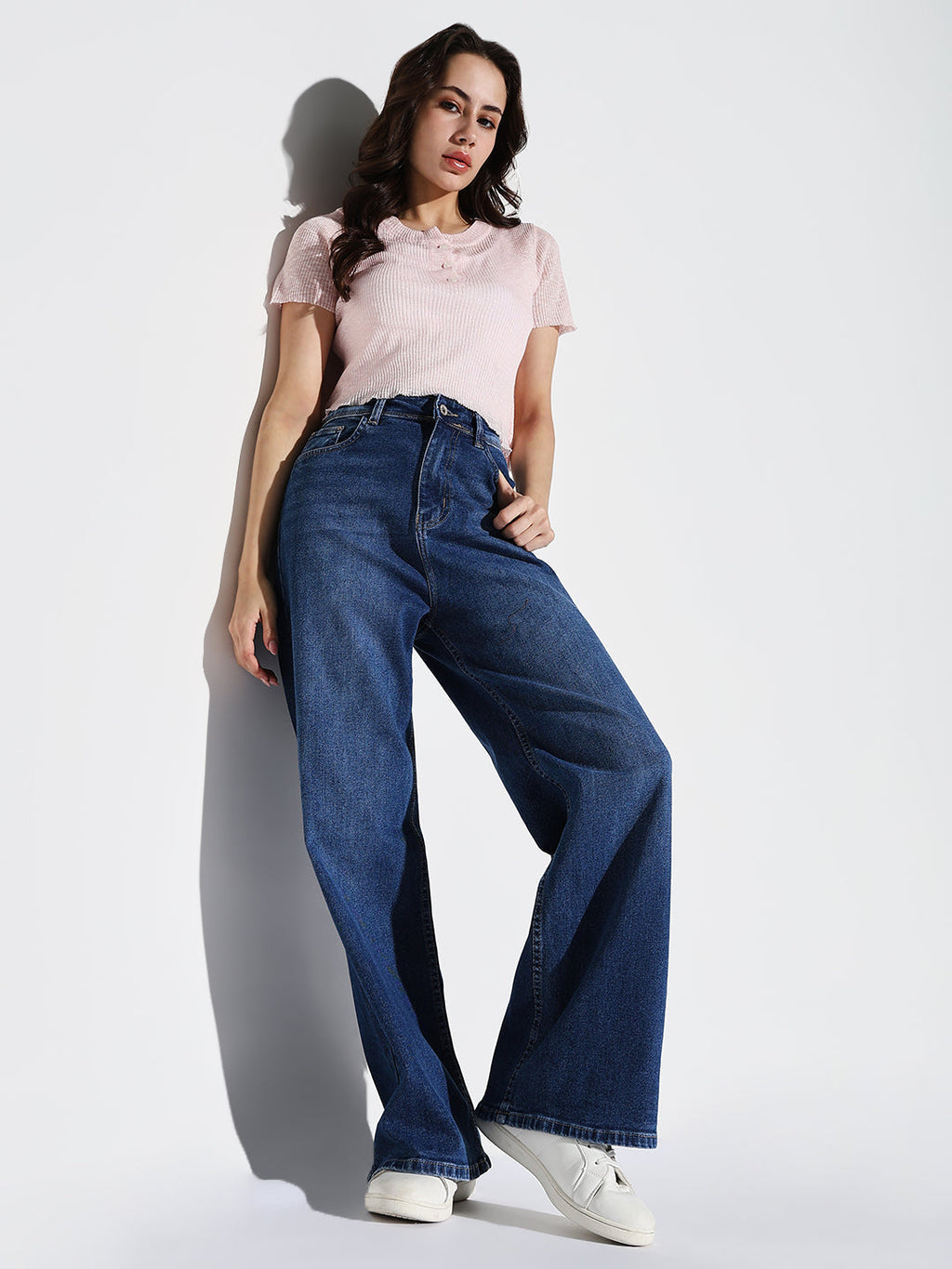 Women's Navy Blue Cotton Comfort Wide Leg Light Fade Acid Wash Mid-Rise Stretchable Jeans