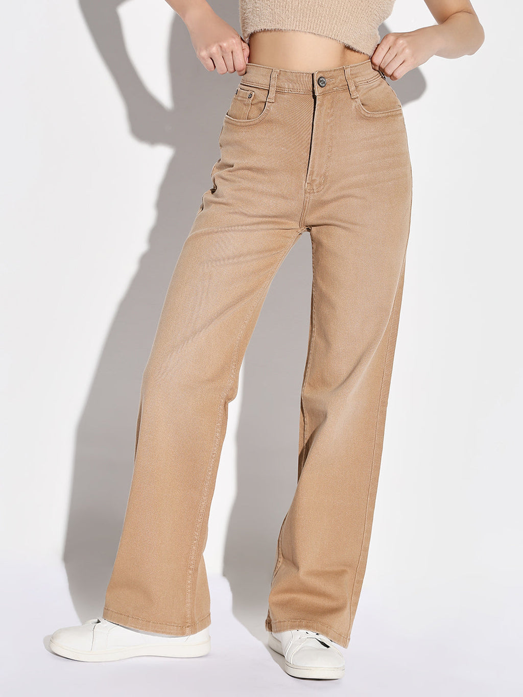 Women's Beige Comfort Wide Leg Light Fade Stretchable Jeans