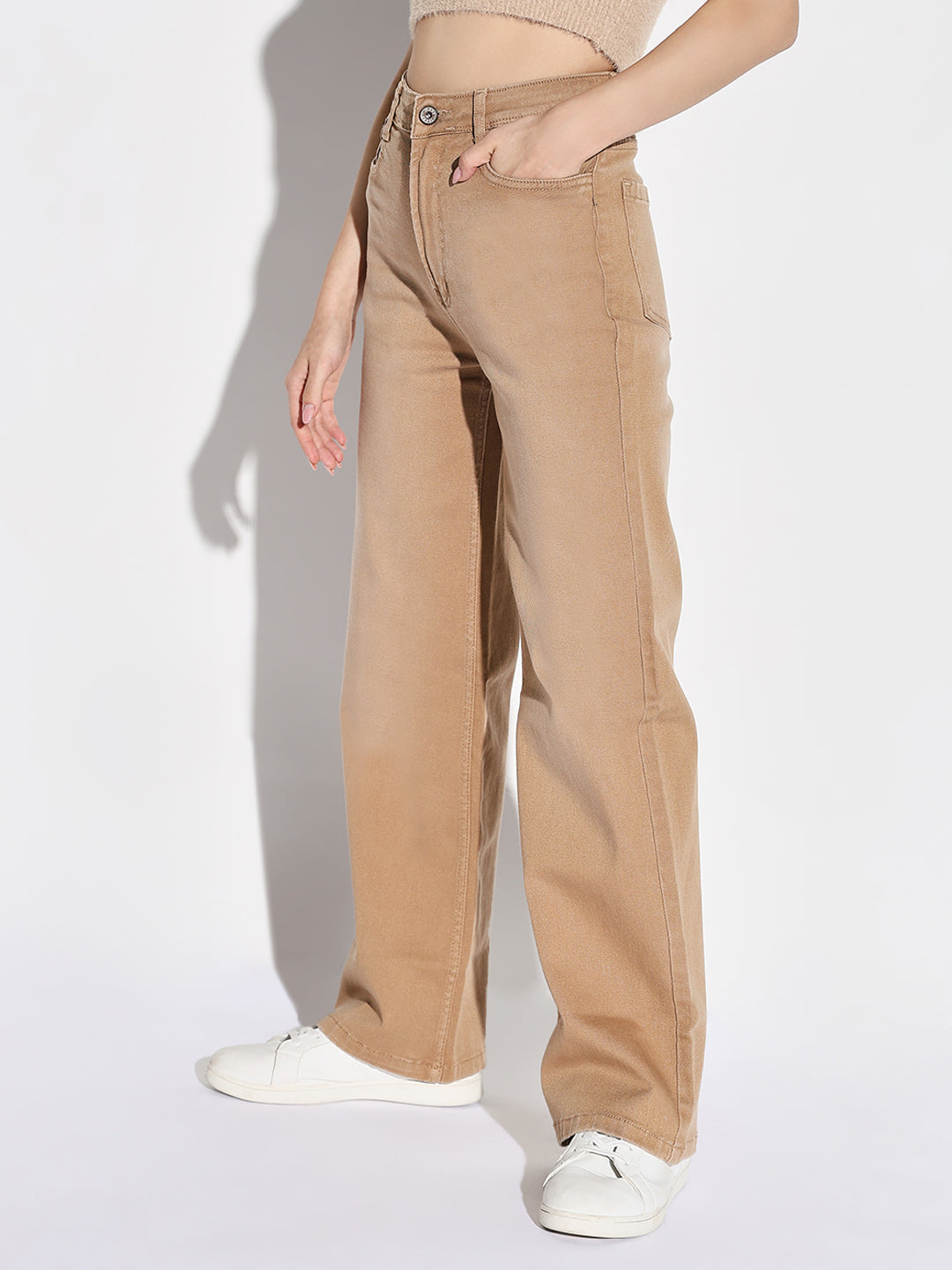 Women's Beige Comfort Wide Leg Light Fade Stretchable Jeans