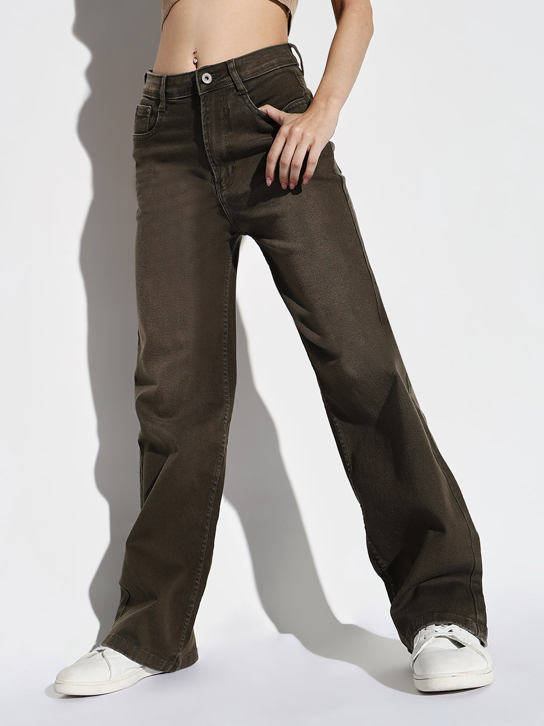 Women's Olive Mid-Rise Comfort Wide Leg Light Fade Acid Wash Stretchable Jeans