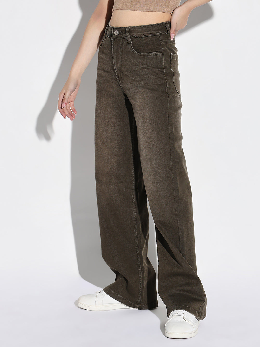 Women's Olive Mid-Rise Comfort Wide Leg Light Fade Acid Wash Stretchable Jeans