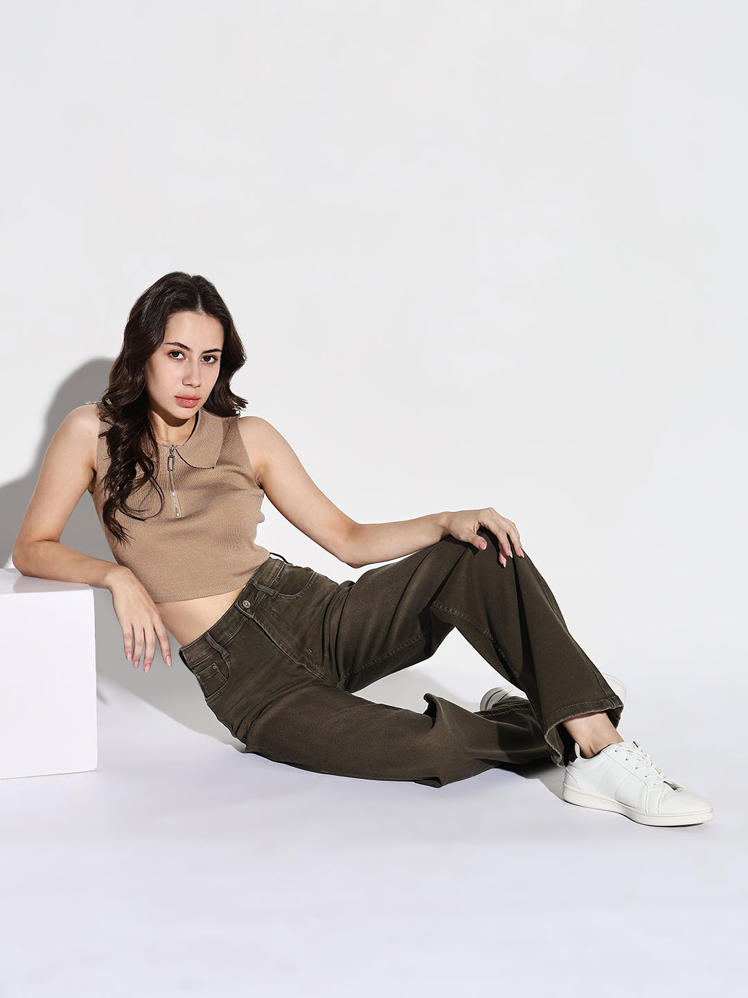 Women's Olive Mid-Rise Comfort Wide Leg Light Fade Acid Wash Stretchable Jeans