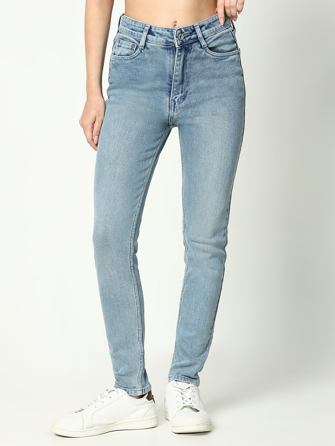 Women's Blue Comfort Slim Fit Light Fade Acid Wash Stretchable Mid-Rise Jeans